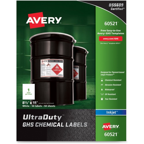 FULL-SHEET GHS CHEMICAL WATERPROOF & UV RESISTENT LABELS, INKJET, LETTER, 50/PK