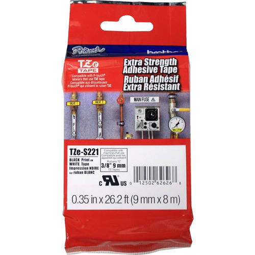 Tze Extra-Strength Adhesive Laminated Labeling Tape, 3/8"w, Black On White