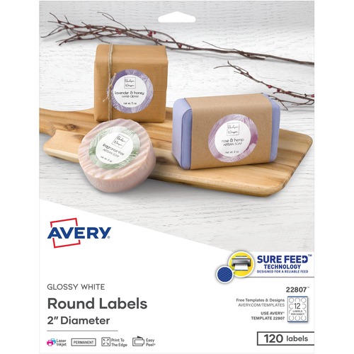 PRINT-TO-THE EDGE LABELS W/ SURE FEED & EASY PEEL, 2" DIA, GLOSSY WHITE, 120/PK