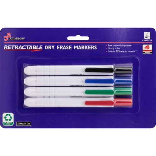 7520015195769, RETRACTABLE CHISEL TIP DRY ERASE MARKER, ASSORTED, 4/SET