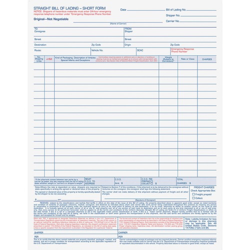 Bill Of Lading,16-Line, 8-1/2 X 11, Four-Part Carbonless, 50 Forms