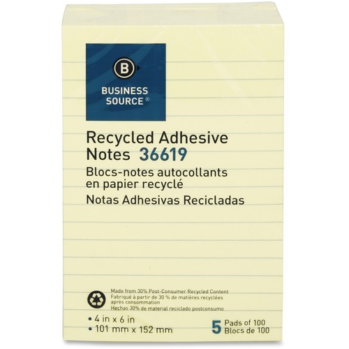Adhesive Note Pads, Recycled, Lined, 4"x6", 5/PK, Yellow
