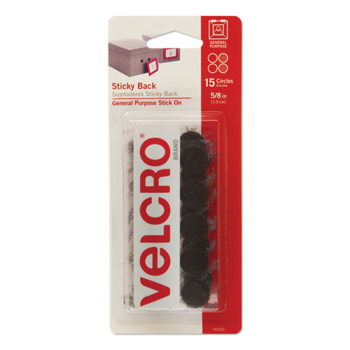 STICKY-BACK HOOK & LOOP FASTENERS, 5/8" DIA. COINS, BLACK, 15/PACK