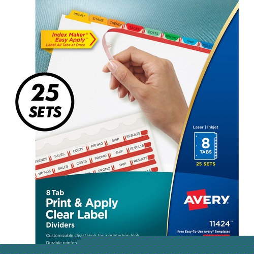 PRINT AND APPLY INDEX MAKER CLEAR LABEL DIVIDERS, 8 COLOR TABS, LETTER, 25 SETS