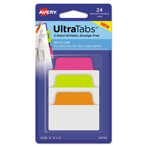 ULTRA TABS REPOSITIONABLE TABS, 2 X 1.5, NEON: GREEN, ORANGE, PINK, 24/PK