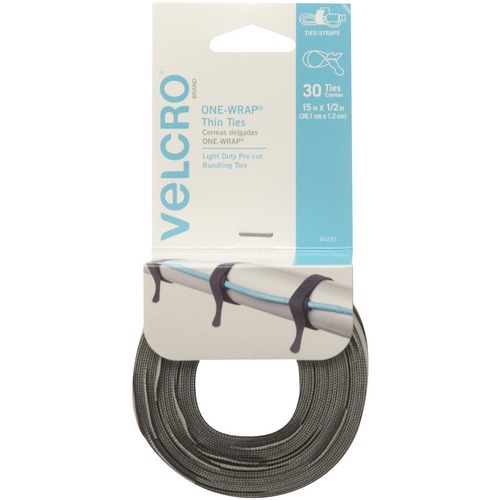 ONE-WRAP HOOK & LOOP TIES, 1/2" X 15", BLACK/GRAY, 30/PACK