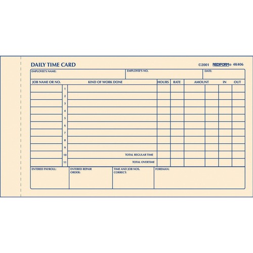 Employee Time Card, Daily, Two-Sided, 4-1/4 X 7, 100/pad