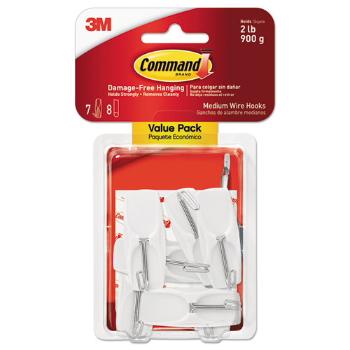 General Purpose Wire Hooks, Medium, 2 Lb Cap, White, 7 Hooks & 8 Strips/pack