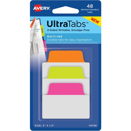 ULTRA TABS REPOSITIONABLE TABS, 2 X 1.5, NEON: GREEN, ORANGE, PINK, 48/PK